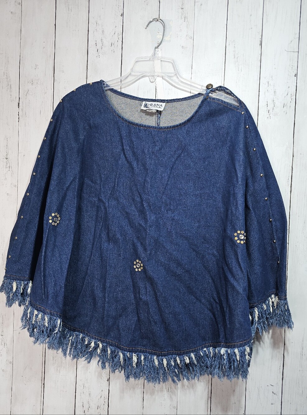 Vintage NWOT Rama Of USA Denim Poncho Fringe Studs Button Closure Size L/ XL.